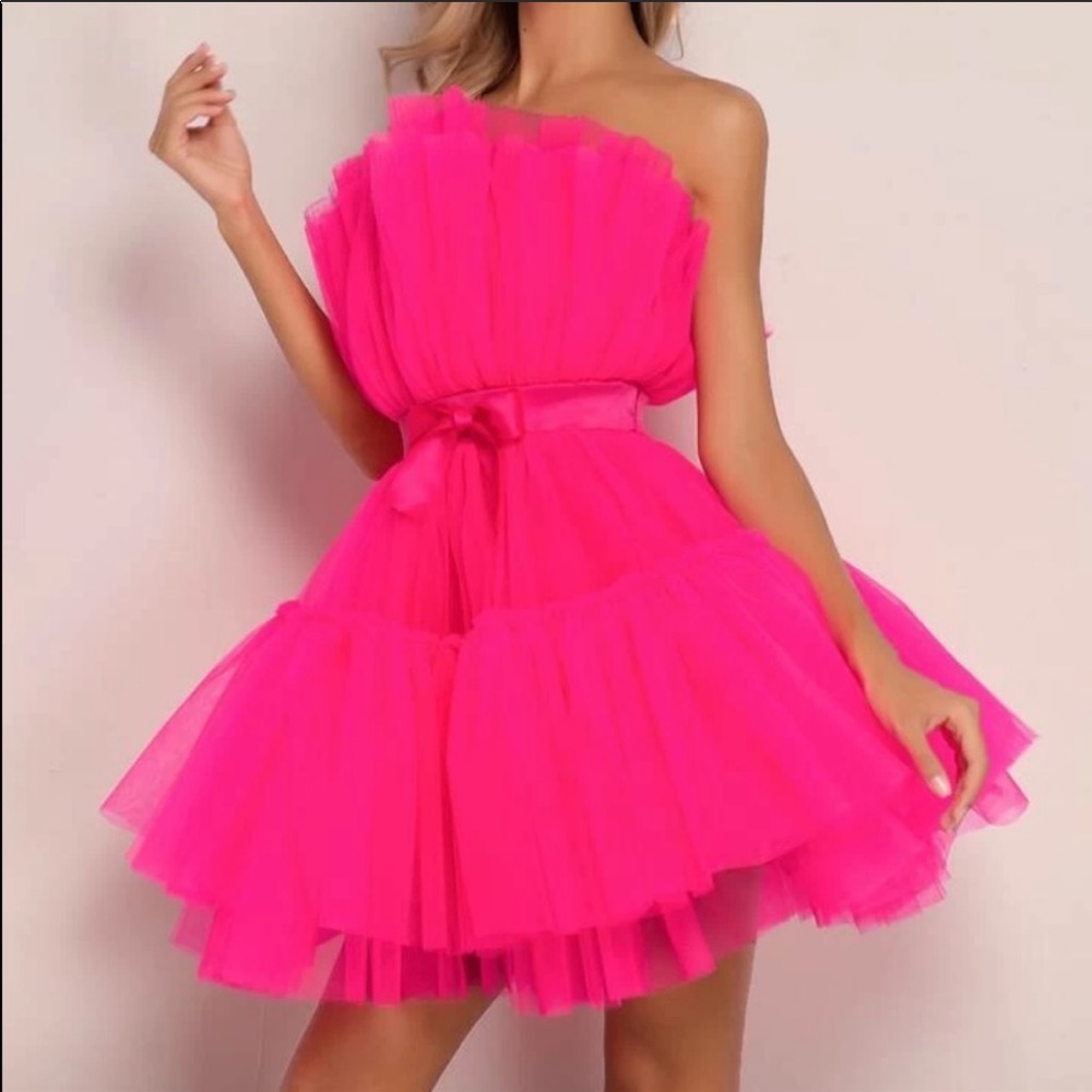 Hot pink bow front layered mesh tube dress